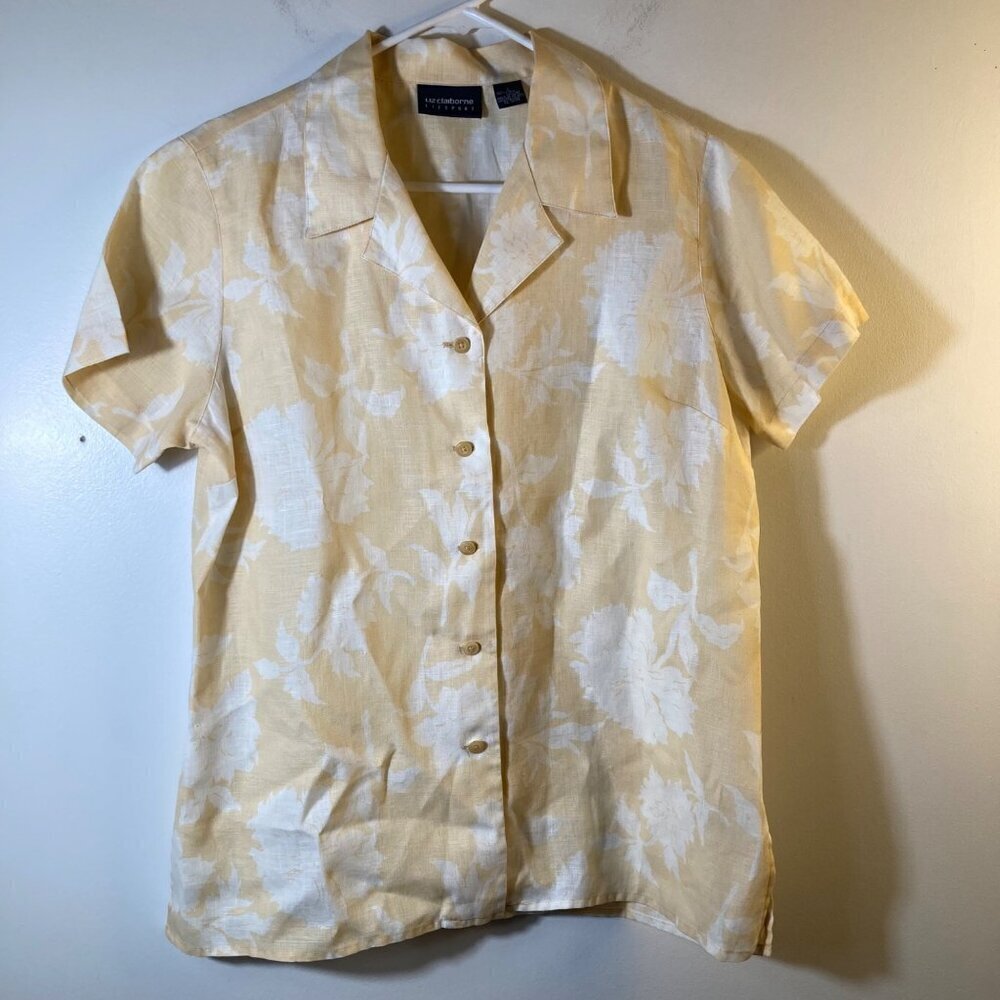 Womens Liz Claiborne Short Sleeve Floral Linen Button Shirt Peach White L Linen